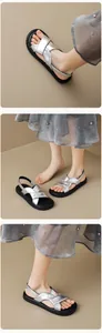 Detailed views of silver cross-strap sandals with black platform soles for women