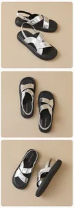 Three-way view of silver metallic sandals with cross straps and black platform soles