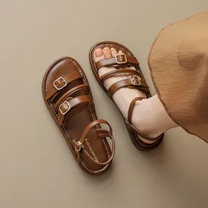 Sandalias Romanas Planas De Estilo Francés Para Mujer Diseño De Tiras Múltiples Hebilla Cuero De Microfibra Zapatos Casuales