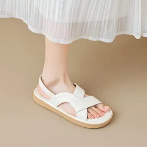Women's white strappy flat sandals with thick soft soles for summer dresses