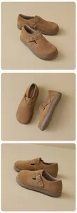 Detailansichten brauner Wildleder-Loafer mit Schnalle und rutschfester Gummisohle