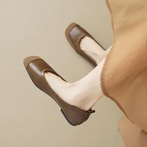 Women's square toe flat shoes in dark brown matte leather with elegant pleated skirt