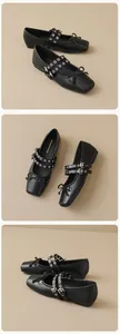 Detail view of black square-toe Mary Jane flats with bow and double eyelet straps