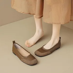 Vintage dark brown square-toe ballet flats for women with mixed leather texture