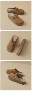 Close-up views of brown suede platform mules with adjustable buckle and thick rubber sole