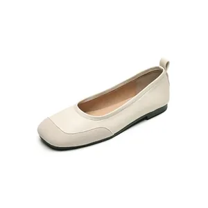 Beige square toe flat ballet shoes with suede detail and soft leather material