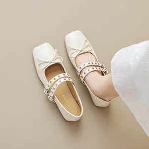 Women French Vintage Mary Jane Flats Microfiber Leather Square Toe Double Strap With Bowknot Grommet Soft Sole Casual Ballet Shoes