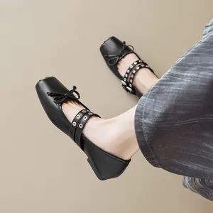 Black square toe Mary Jane flats with bow detail and double adjustable buckle straps