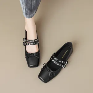 Classic black square toe Mary Jane flat shoes with bow detail and double straps