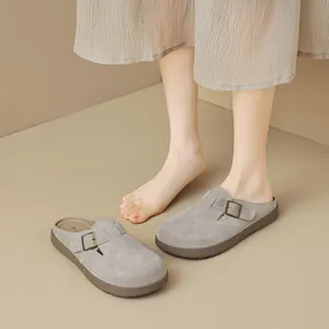 Chic light gray suede Boston style clogs with adjustable bronze buckle and thick sole