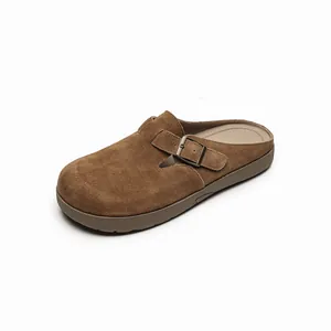 Retro brown suede platform mules with adjustable bronze buckle and non-slip rubber sole