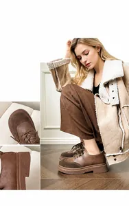 Macro detail of brown leather patchwork platform loafers with textured thick sole