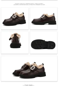 Detalle de mocasines marrones con plataforma, forro de felpa y hebilla plateada