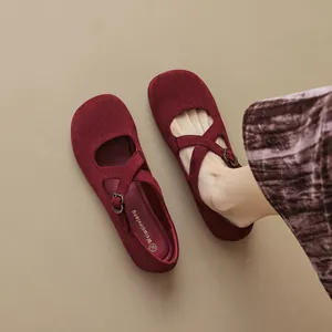 Vintage Suede Mary Jane Flats For Women Round Toe Cross Strap Ballet Shoes Wine Red Brown Black Low Top Casual Office Shoes