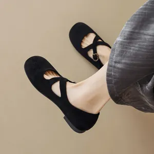 Classic black suede Mary Jane flats with cross straps and vintage round toe design