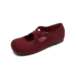 Classic deep red suede Mary Jane flat shoes with round toe and crisscross straps