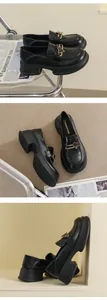 Detail shots of black platform loafers featuring heart-shaped buckles and thick outsoles