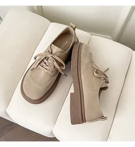 Detail of khaki platform loafers with contrast stitching and non-slip sole texture