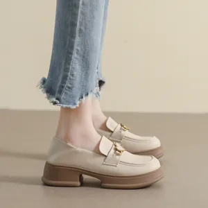 Retro beige platform loafers for women with heart-shaped metal buckle and thick brown soles