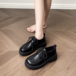 Women's Platform Loafers Round Toe Lace-up Oxford Shoes Microfiber Leather Chunky Heel British Preppy Style Daily Casual Height Increasing Shoes