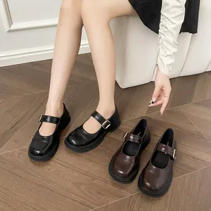 Retro Mary Jane platform shoes in black and brown matte leather with metal buckles
