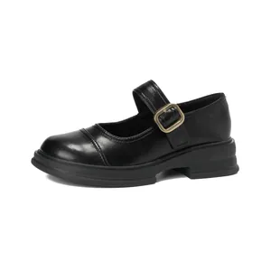 British style black matte leather platform Mary Jane shoes with retro square metal buckle