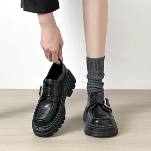 Mocasines de Plataforma Retro para Mujer Cuero de Microfibra Hebilla de Metal Punta Redonda Estilo Preppy Tacón Grueso Zapatos Casuales Negro