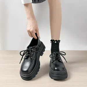 Mocasines con Plataforma de Estilo Británico para Mujer de Cuero de Microfibra con Cordones Tacón Grueso Zapatos Casuales Vintage