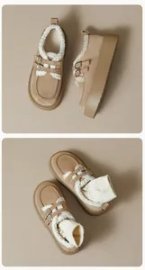 Détails macro des mocassins plateforme en daim kaki avec doublure laine et boucles