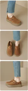 Three-view detail of brown suede platform Birkenstock mules with retro metal buckle strap