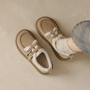 Mocassini Vintage in Camoscio da Donna Suola Spessa Platform Invernali Caldi Foderati in Pelliccia Tinta Unita Fibbia Casual Cotone