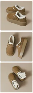 Detail view of brown platform suede clogs with white faux shearling lining and metal buckle