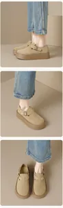 Detail of khaki suede platform clogs with buckle strap and thick sole on denim