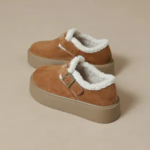 Women Retro Suede Platform Mules Warm Faux Lamb Wool Lined Loafers Metallic Buckle Thick Sole Casual Slip On Winter Shoes