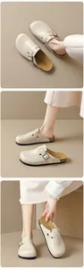Detail view of beige platform clogs featuring cork footbed and metal buckle strap