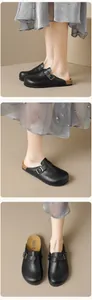 Detailed views of black leather platform mule shoes featuring adjustable metal buckle straps