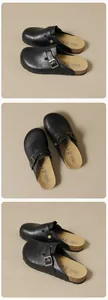 Detailed views of black matte platform clogs featuring metal buckle and cork footbed