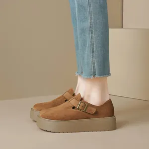Brown suede platform loafers with metal buckles and thick soles for women in fall