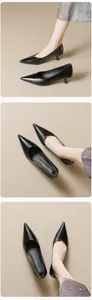 Multiple views showing elegant black pointed-toe stiletto heels in glossy patent leather