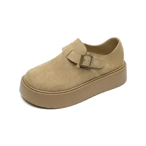 Retro khaki suede platform loafers for women with adjustable metal buckle strap