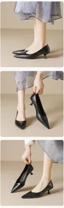 Three-way view of elegant black suede pointed-toe kitten heels on a model