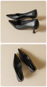 Dual view detail of black pointed-toe kitten heels in glossy patent leather finish