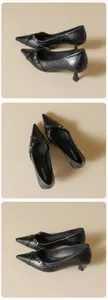 Detailansicht der schwarzen spitzen Kitten-Heels mit Schnalle und gekreuzten Riemen