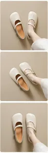 Detailed view of beige Mary Jane flats with decorative stitching and adjustable strap