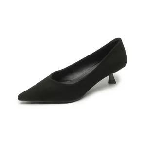 Elegant black suede pointed-toe pumps with slim kitten heels on a clean white background