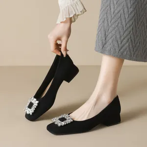 Women's Square Toe Chunky Heel Pumps Elegant Suede Rhinestone Buckle French Style Office Dress Shoes Classic Black Heels
