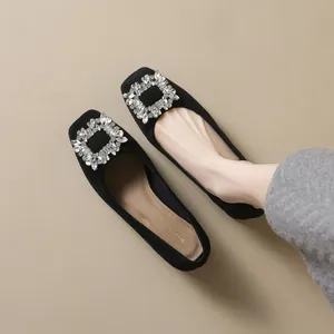 Classic black suede square toe heels for women featuring a luxury rhinestone buckle detail