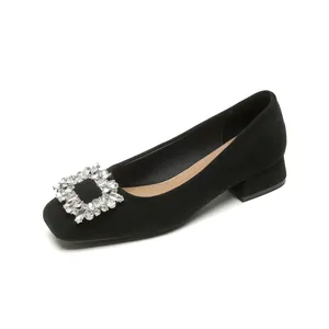 Elegant black suede square toe pumps with sparkling crystal buckle and low block heels