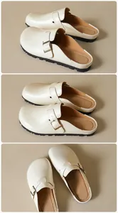 Details beige Leder Clogs mit verstellbarer Schnalle und schwarzer Gummiprofilsohle