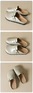Details von champagnersilbernen Pantoletten im Birkenstock-Stil mit verstellbaren Schnallen